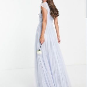 Tall tulle plunge maxi dress with shirred sleeves in powder blue